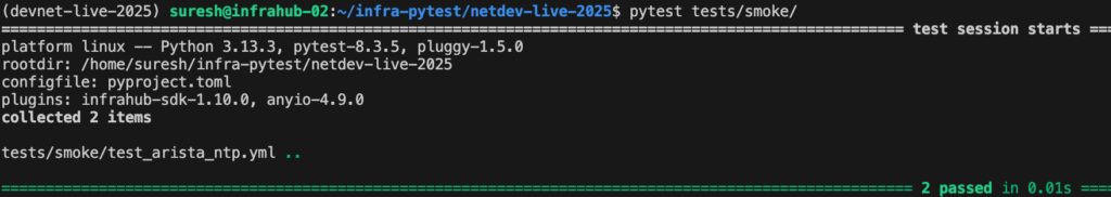Getting Started with the Pytest Plugin for Infrahub 4 pytest smoke test pass screenshot