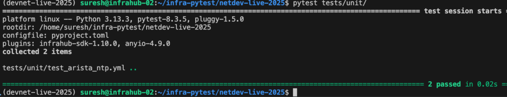 Getting Started with the Pytest Plugin for Infrahub 6 pytest unit test pass screenshot